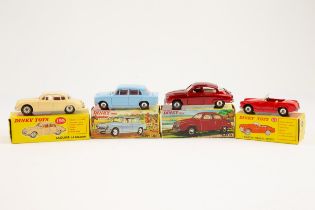 4 Dinky Toys. Triumph 1300 (162) in light blue with red interior. Austin Healey Sprite (112) in