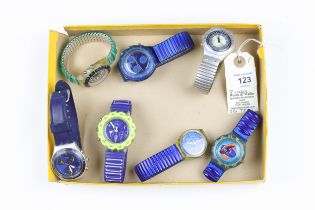 7 vintage Swatch watches. Lot includes 6 with flexi straps and a chroncgraph type watch with leather
