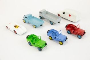 7 well restored early Dinky Toys. 3x JEEPS, colour variations. Daimler Ambulance, Forward Control