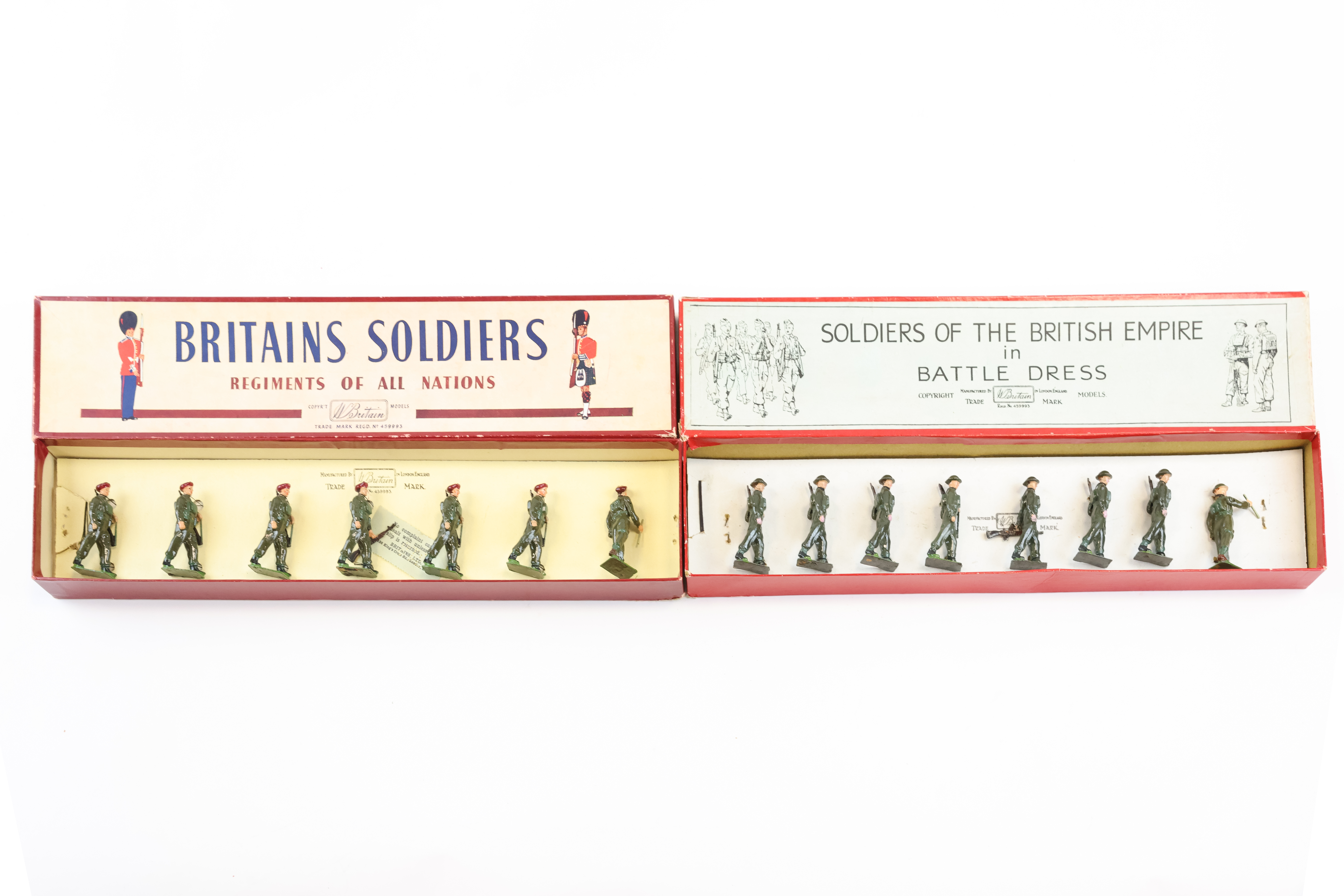 2 Britains Sets. Soldiers of The British Empire In Battle Dress, 8 marching with tin helmets,