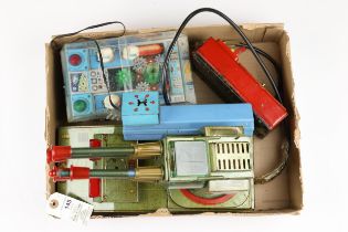 A 1950s tin plate X-10 space tank toy made in Japan by Rosko, Has a large tin remote control unuit