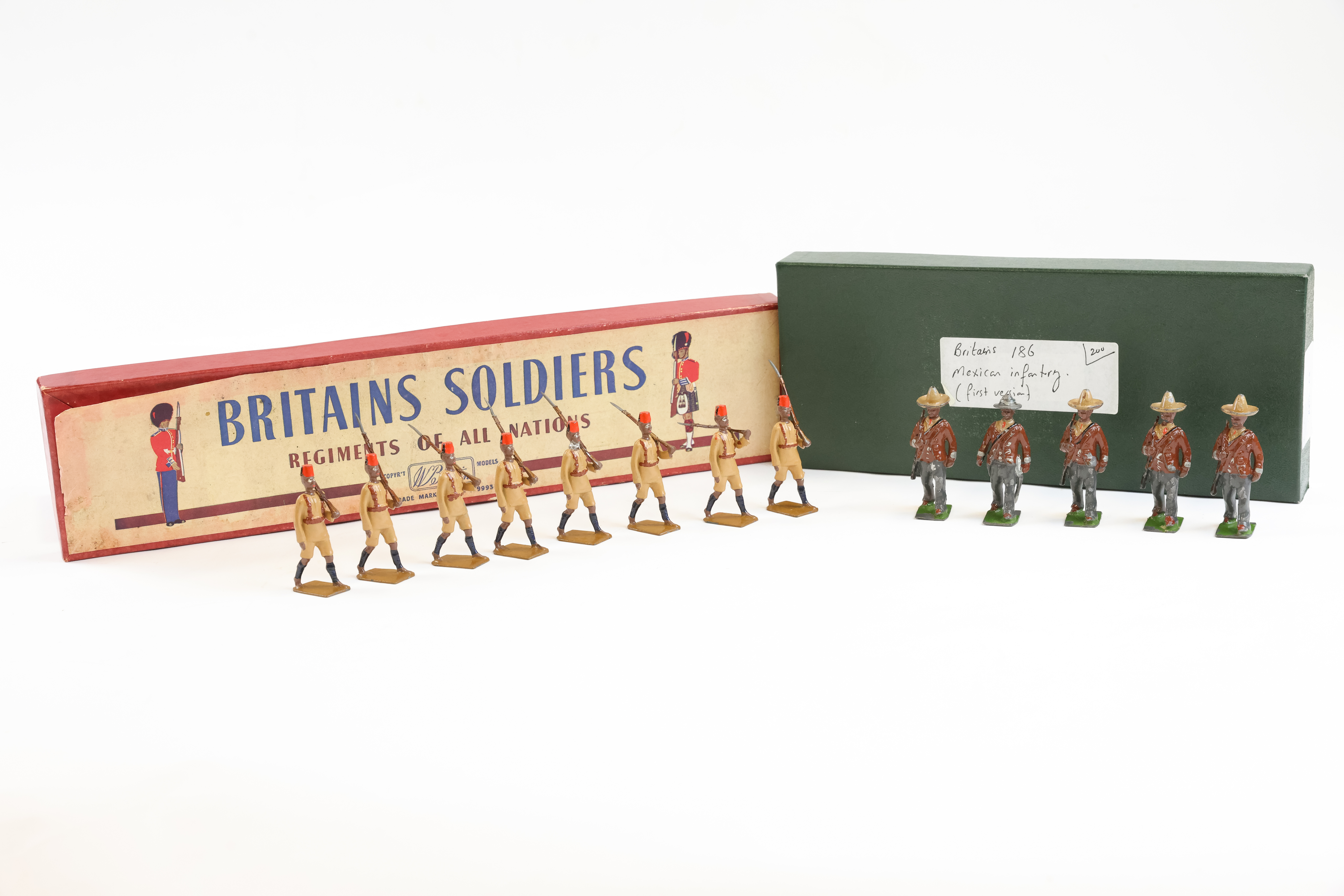 A rare set of Britains Mexican Infantry. A loose set, first version comprising 8 examples in brown