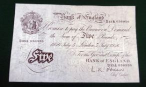 Bank of England, white £5 note, dated July 1956 and signed L.K. O'Brien, GEF, minimal creasing and