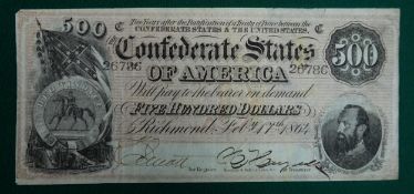 Confederate States of America: currency notes of 1864 (5) comprising: 500 dollars, bearing