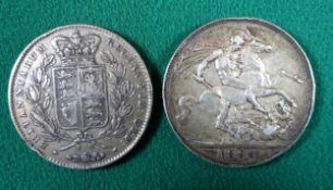 Victoria YH AR crown 1844, stars in edge lettering, F/NVF some edge knocks; old head crown 1895 LIX,