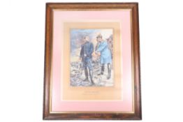 A large coloured print of the Kaiser addressing the King of the Belgians on the battlefield,