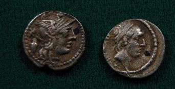Roman Republic AR Denarii: C Cassius Longinus, obverse helmeted head of Roma, X behind with urn,