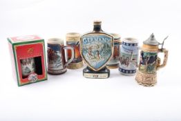 6 pottery beersteins, colourfully decorated with country scenes etc. GC £50-70