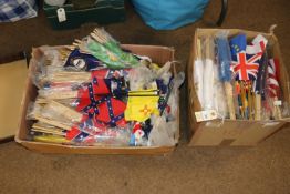 A very large quantity of printed modern flags with sticks, for waving at functions, desk stands etc.