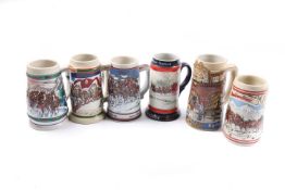 6 pottery beersteins, colourfully decorated with country scenes. etc. VGC £50-70