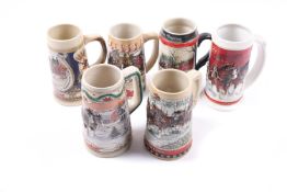 6 pottery beersteins, colourfully decorated with country scenes etc. GC £50-70