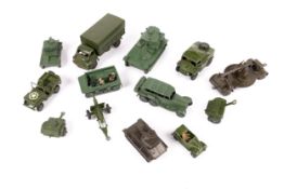 13 Dinky Toys military vehicles, includes 3 ton army wagon, field artillery tractor with ammo