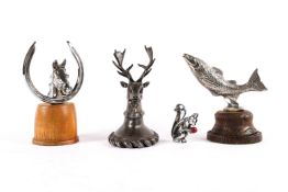 4 vintage car mascots. An impressive stags head with antlers. Plated leaping salmon. Plated horses