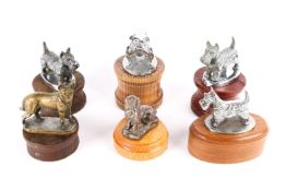6 car mascots, car bonnet ornaments. includes 3 Scottie dogs, chrome plated, an Alsatian in brass, a