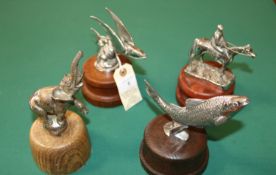 4 vintage car mascots, bonnet ornaments. Includes a DESMO racehorse with jockey, an Elephant