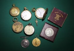 A group of 5 antique pocket watches. A gold plated Dennison 