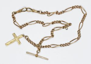A hallmarked 9ct gold Albertina watch chain with T bar, cross charm and two dog clip clasp, length