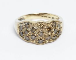 A hallmarked 9ct gold pave set with champagne coloured diamonds, gross weight 3.9g, size L.