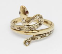 A hallmarked 9ct gold snake head ring set with CZs, gross weight 2.9g, size M/N. Condition - band