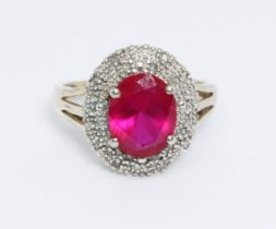 A synthetic ruby and diamond cluster ring, marked '925', gross weight 3.4g, size N.