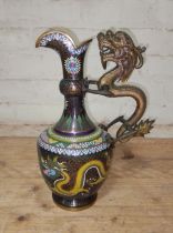 A Chinese cloisonne ewer with applied bronze dragon, height 30cm. Condition - ding to side of