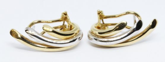 A pair of hallmarked 18ct two colour gold earrings, length 26mm, weight 9.5g.