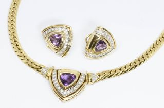 An 18ct gold amethyst and diamond pendant choker necklace, 18ct gold import marks, smooth link