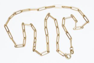 A square section elongated oval link necklace, bolt ring clasp, 9ct gold import marks, length