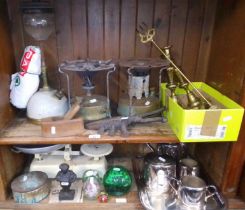 A selection of metal-ware to include Primus stoves, brass-ware, a small plane, weighing scales, tray