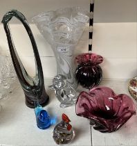 Art glass - a vase and a bowl by Chribska, a signed bird, Vannes art crystal etc. Tallest item