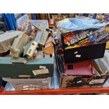 4 boxes of model railway items to include buildings, trck, controllers, farm set, diecast vehicles
