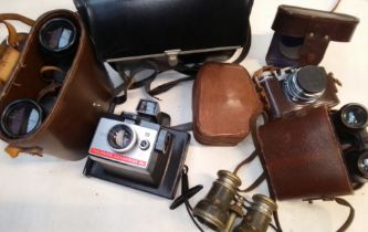 A box of cameras and binoculars.