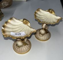 A pair of blush ivory Worcester scallop shell table salts, height appx 11cm