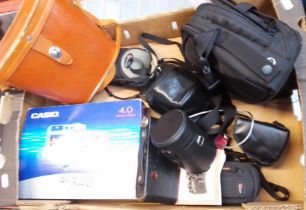 Various cameras, binoculars, etc. and a box of tools / garage-ware to include pillar drill stand,