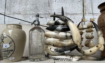 Bone Marrow jar, vintage soda syphon and two horn ships