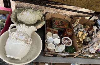 Two large washbowls and jugs together with 2 boxes of various royal memorabilia mugs and tins,