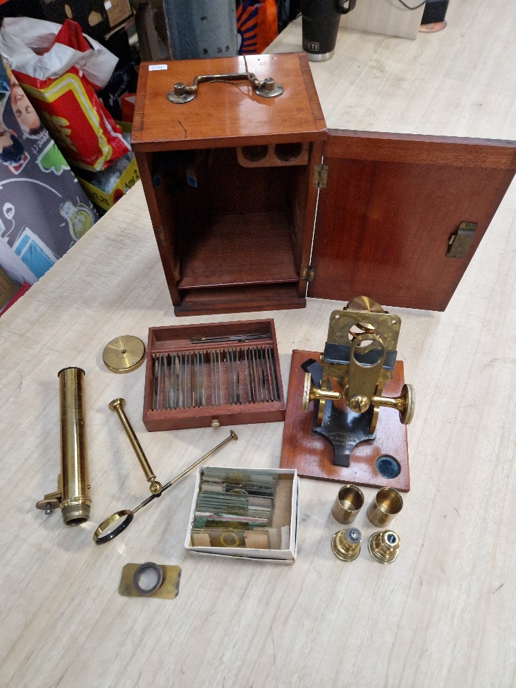 A mahogany cased brass microscope, by Armstrong, Manchester, with 50 slides. - Image 2 of 3