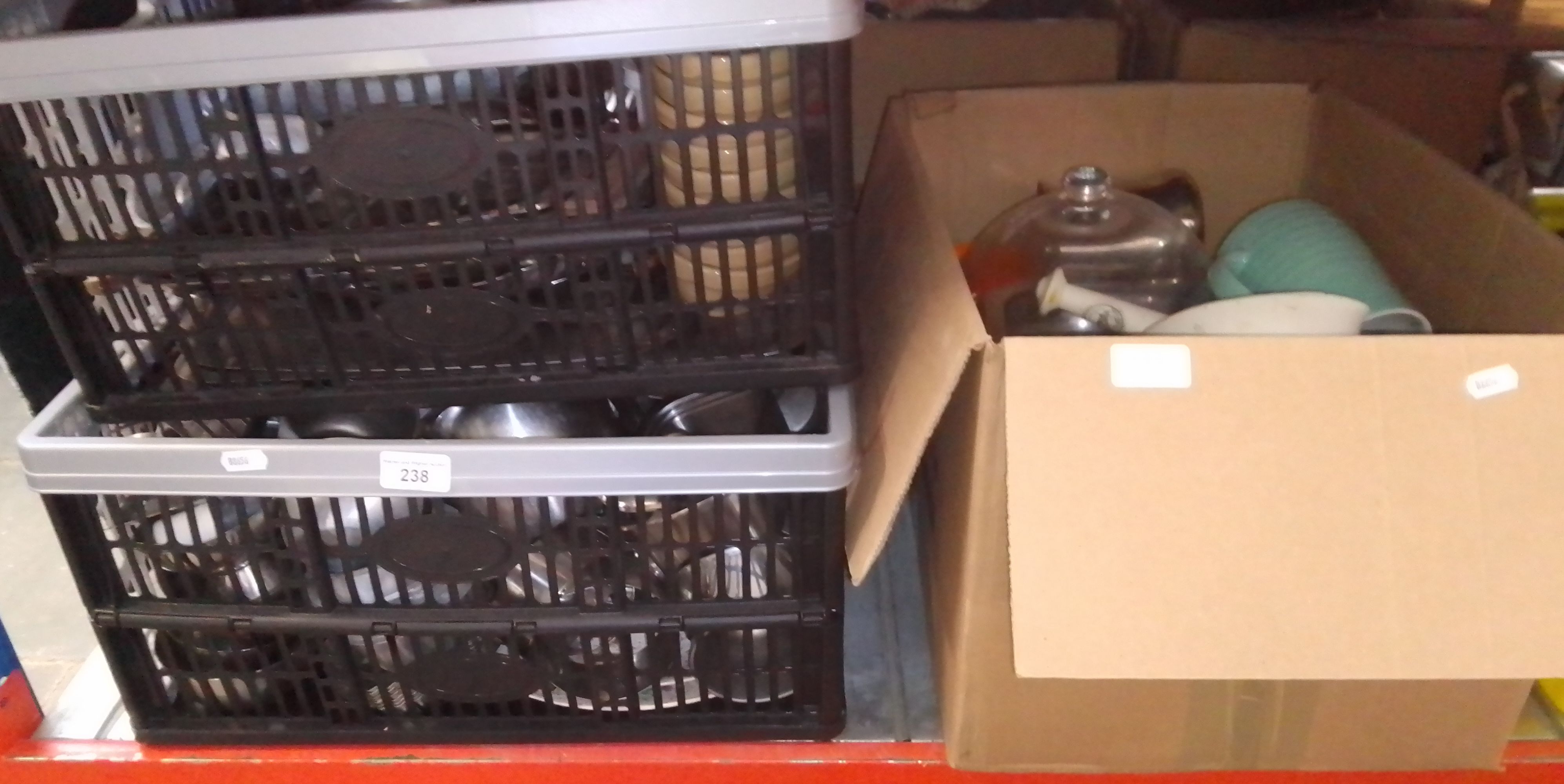A box of stainless steel ware, a box of miscellaneous to include Aynsley Merseyside Police