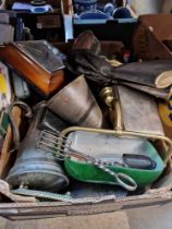 A box of assorted collectables to include desk lamp, various metalware and vintage gloves etc.