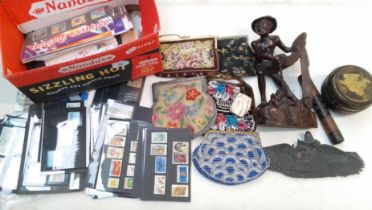 A mixed lot of collectables including Chinese pewter dish, Eastern carved wood figure, Chinese