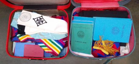 Two vintage cases containing Masonic regalia.