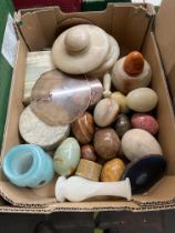 Alabaster and other hard stone items including eggs, boxes etc.