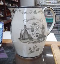 A large Liverpool creamware jug, circa 1800, transfer printed design depicting a farm scene and