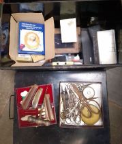 Two deed boxes, one containing small solid brass photo frames, scissors, knives, pyrography kit,