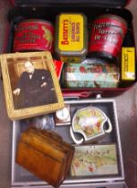 Two cases of vintage tins including Huntley & Palmers, Rowntree, Bassett's, etc.