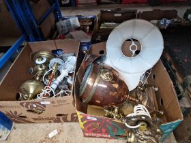 2 boxes of table lamps to include brass, metal, etc and a copper samovar with lid.