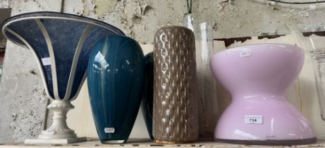 A pink glass vase, signed Anne Nilsson together with an Art Deco style vase and 4 others.