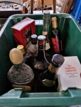 A box of assorted alcoholic beverages to include Famous Grouse, Napoleon brandy, Port selection,