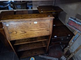 Various items of furniture; oak bureau, mahogany bookcases, mahogany drop leaf table, occasional