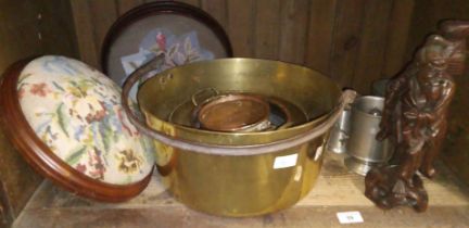 A large brass jam pan, a brass and copper bowl, 2 copper planters, 2 tapestry style footstools and a